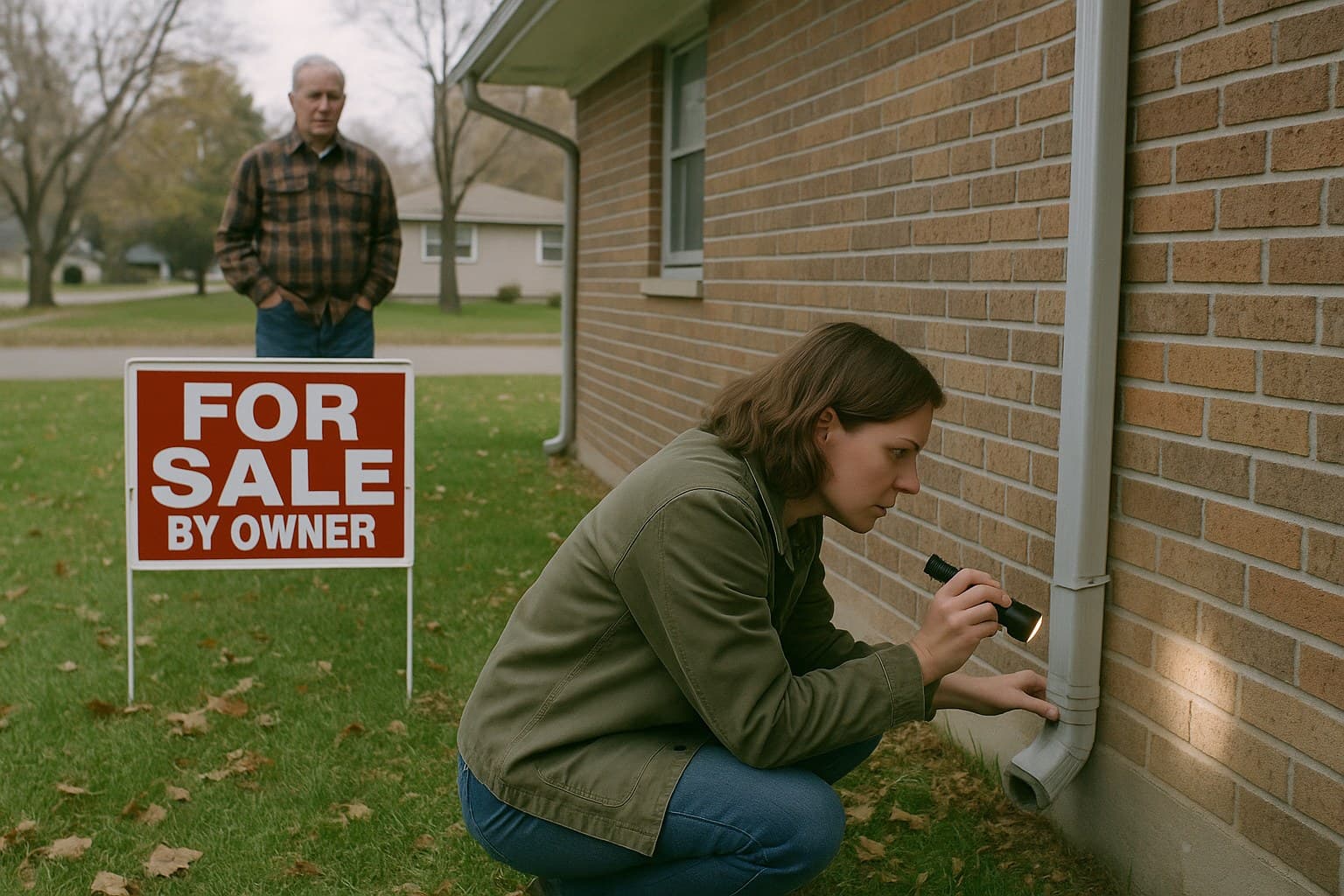A home buyer crouches beside a brick ranch house shining a flashlight at the foundation while the owner watches from the lawn beside a For Sale By Owner sign