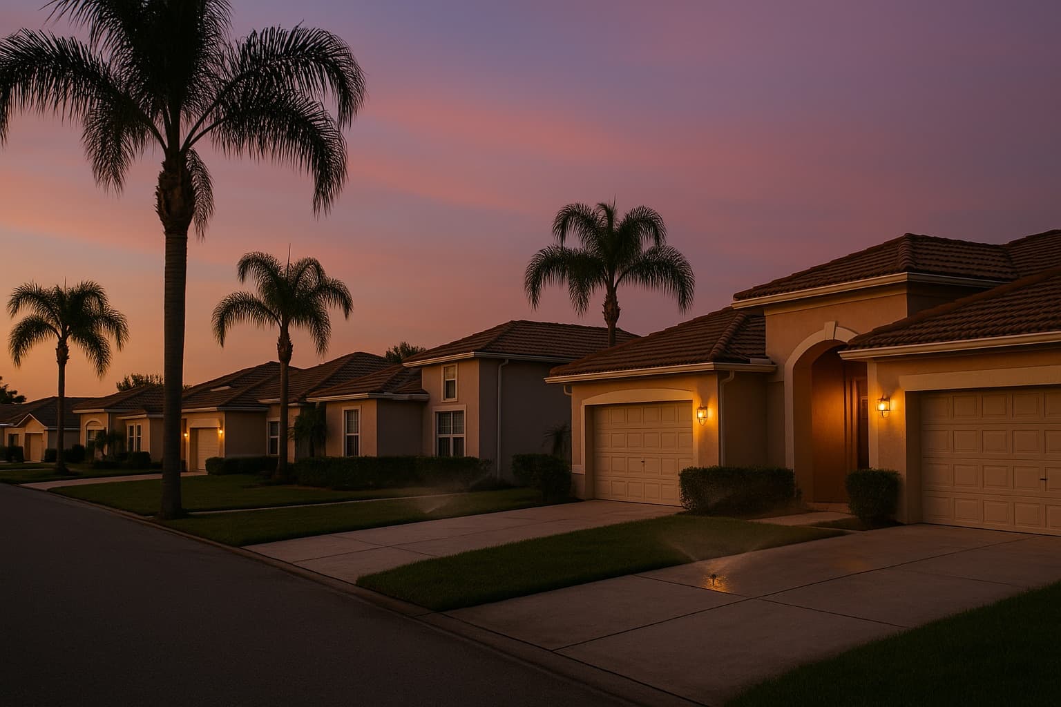 A quiet Florida subdivision street at dusk with pastel stucco homes and palm trees