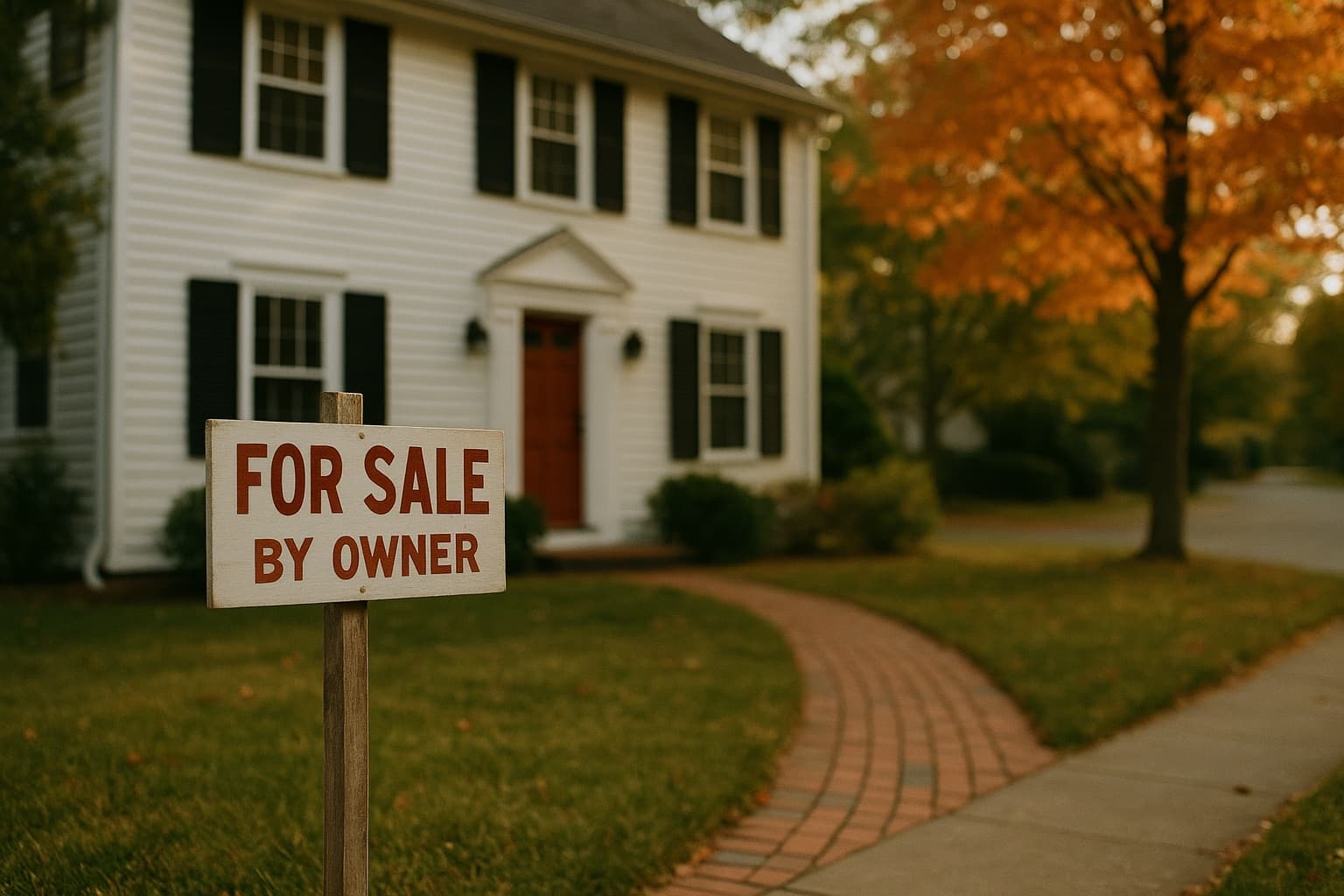 A hand-painted for-sale-by-owner sign on the lawn of a white colonial house in early autumn