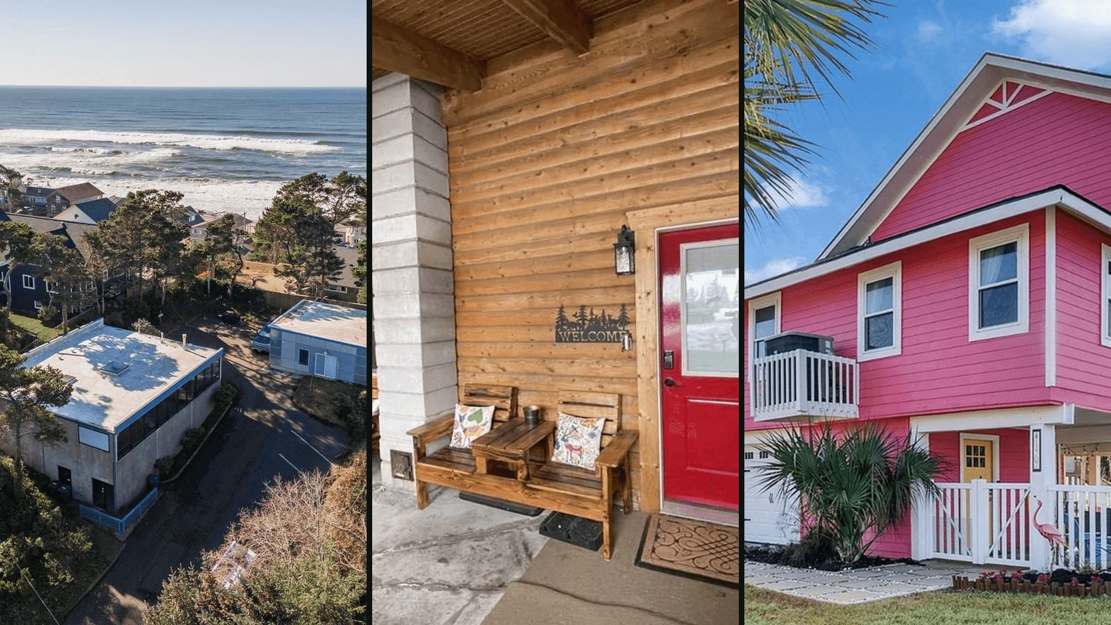 Three homes at the same $650K budget: a Lincoln City ocean compound, an Island Park log cabin, and a Galveston beach house