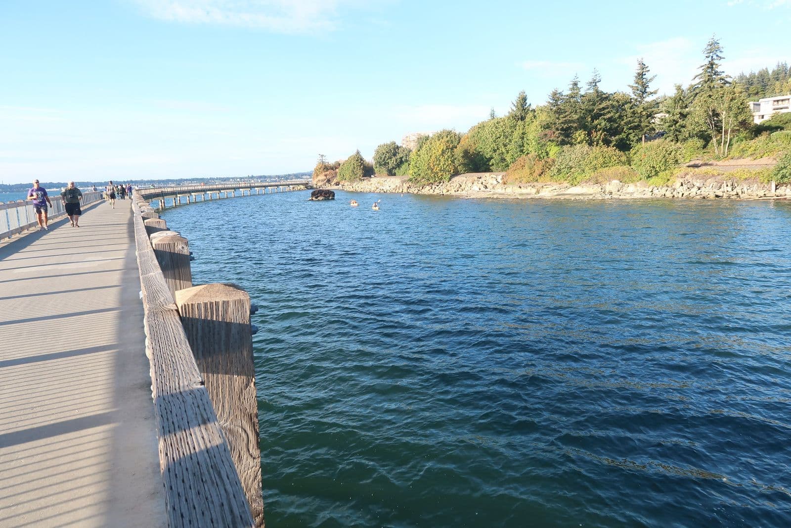 The over-water boardwalk at Boulevard Park curving along Bellingham Bay on a sunny evening, with walkers in the distance, kayakers and a rocky, tree-lined shore