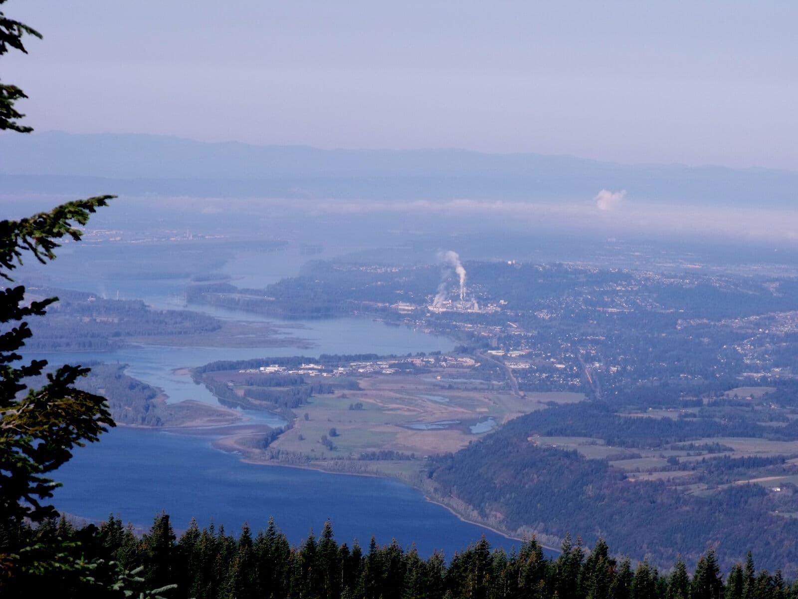 Camas and the Columbia River from a forested Cascade foothill ridge, with steam rising from the paper mill and the flat green floodplain stretching toward Portland in the haze