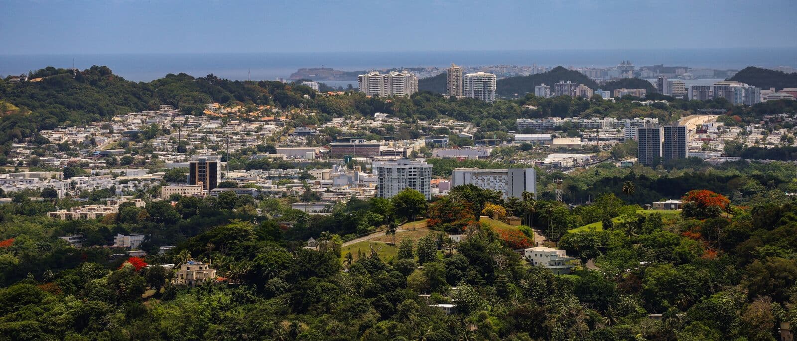 Lomas verdes al frente y las casas y torres de Guaynabo detrás, con la isleta del Viejo San Juan y el mar en el horizonte