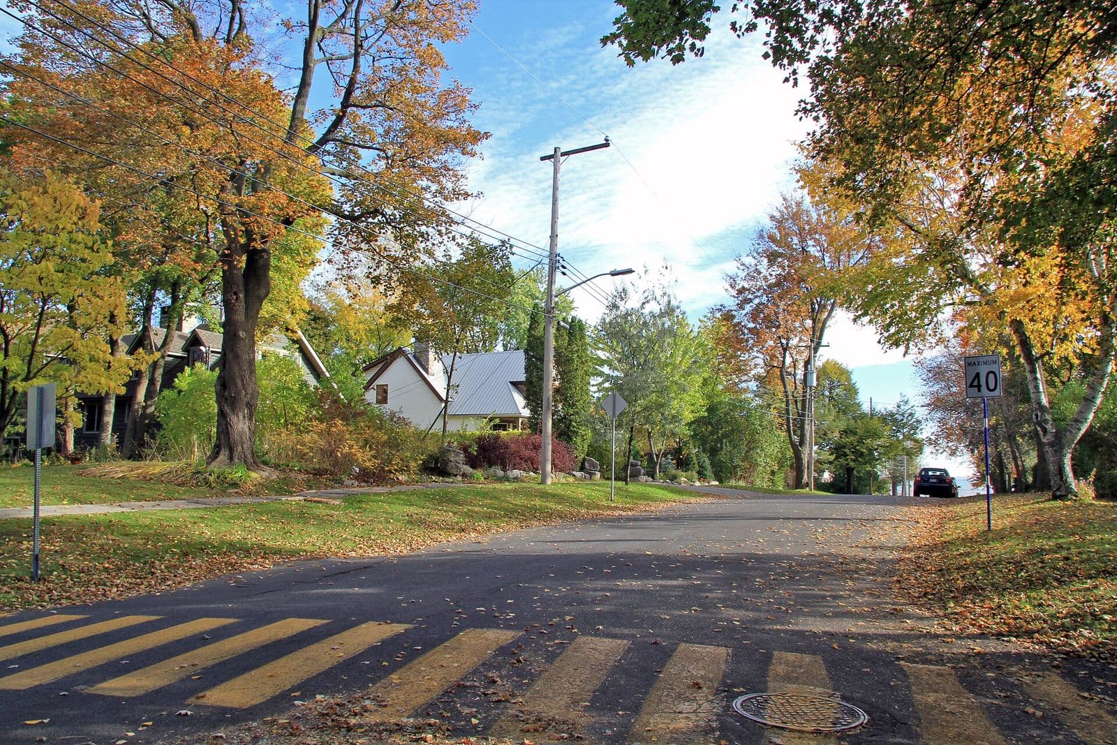 Une rue résidentielle tranquille bordée de grands arbres d’automne et de maisons anciennes dans le secteur Cedar Park, à Pointe-Claire