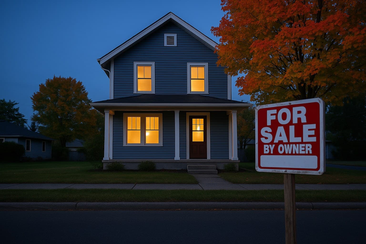 A modest two-storey house at dusk with every window lit, a for-sale-by-owner sign on the front lawn and a maple tree in autumn colour