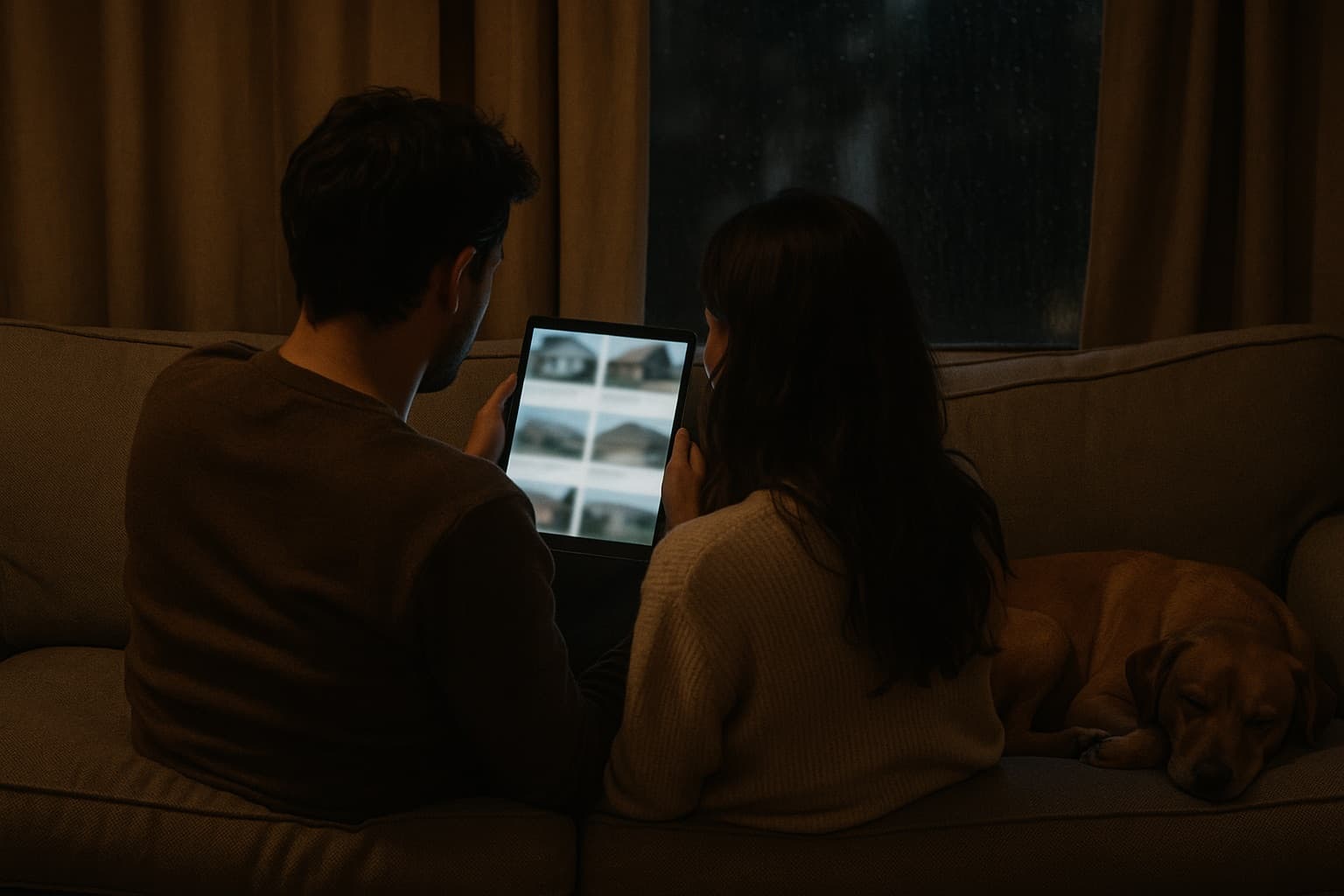 A couple on a sofa at night browsing home listings on a tablet, a dog asleep beside them