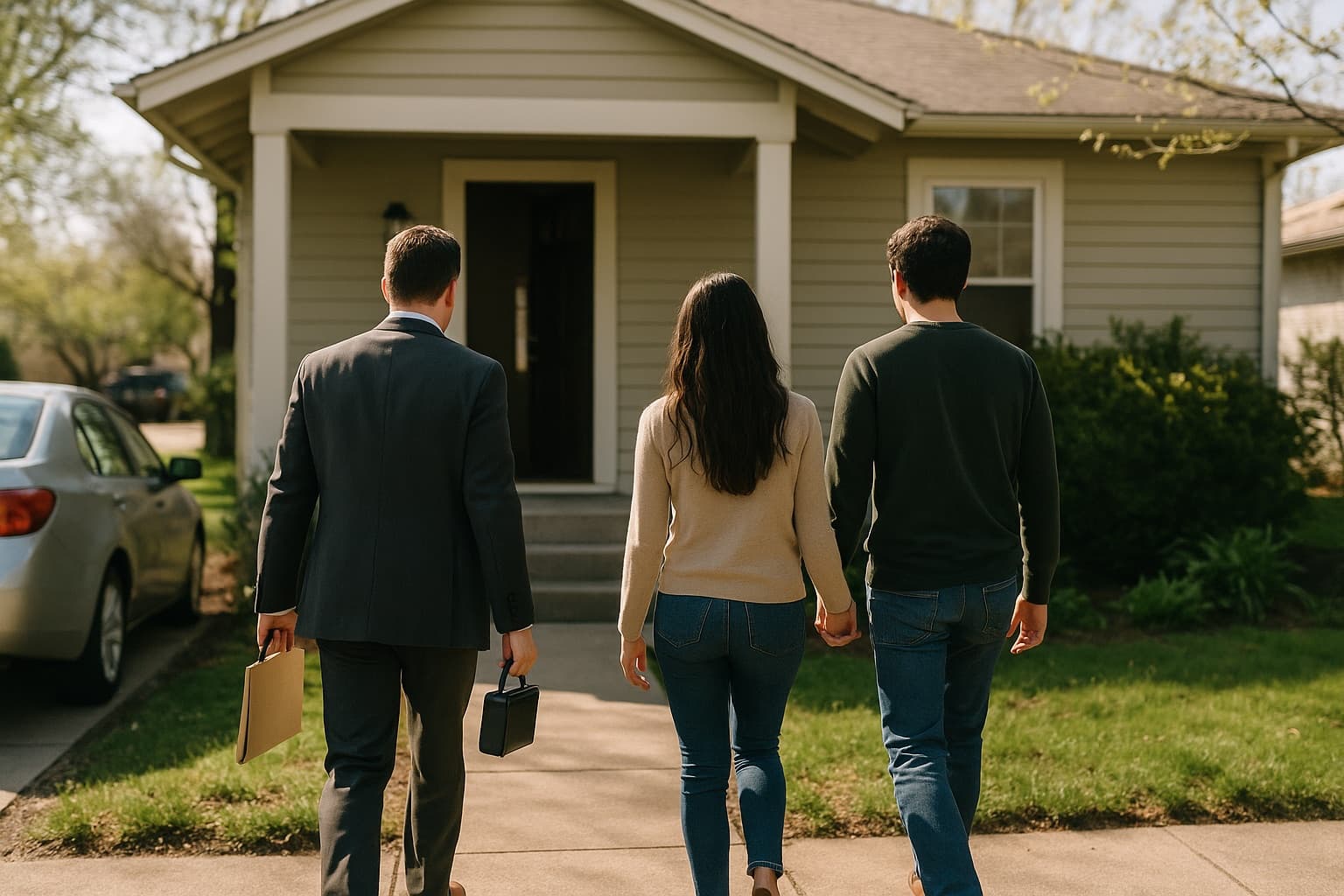 A real-estate agent and a couple walking up the front path of a house, seen from behind