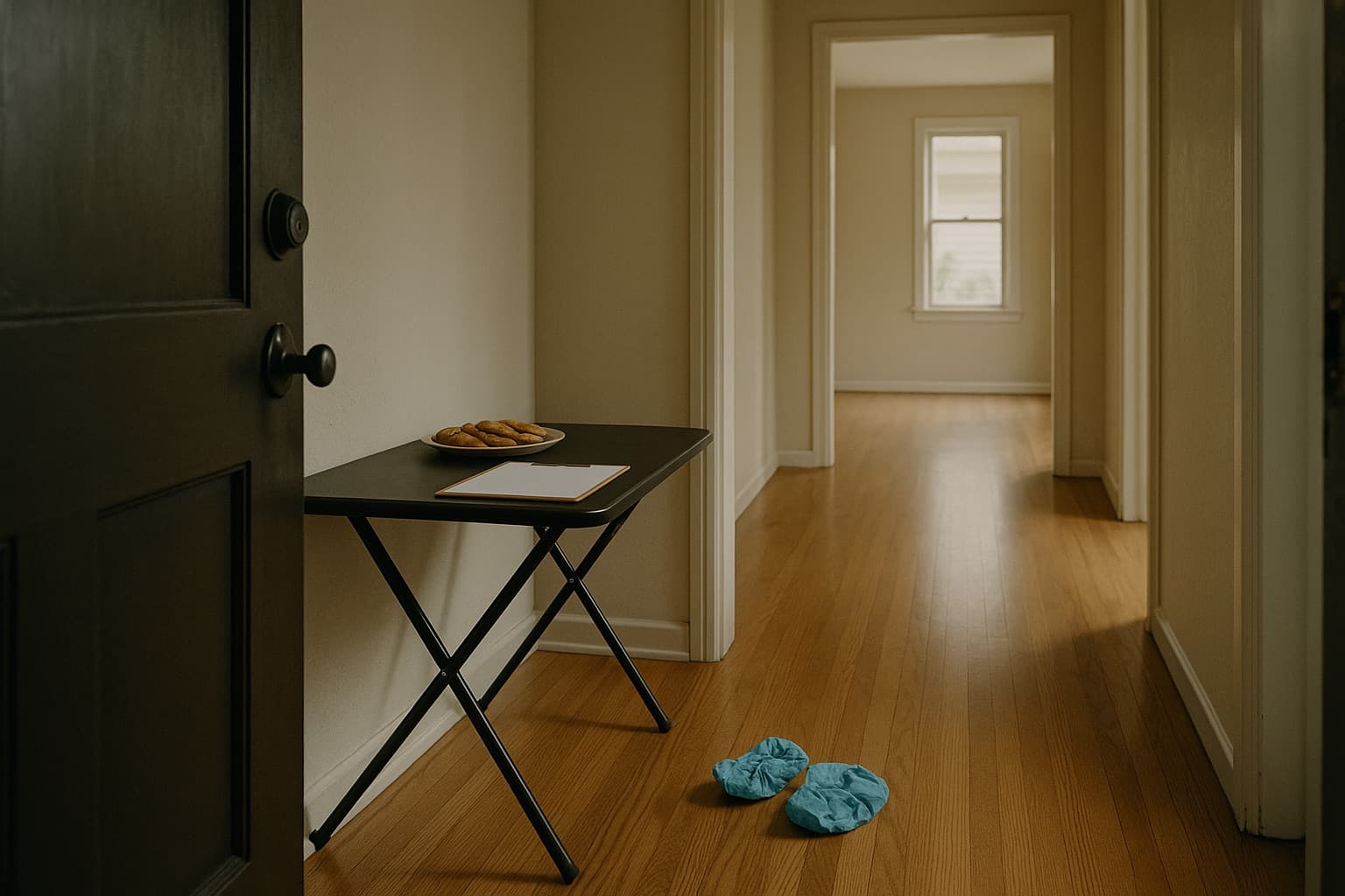 An empty open house seen from the front doorway, a folding table with cookies and a blank sign-in clipboard