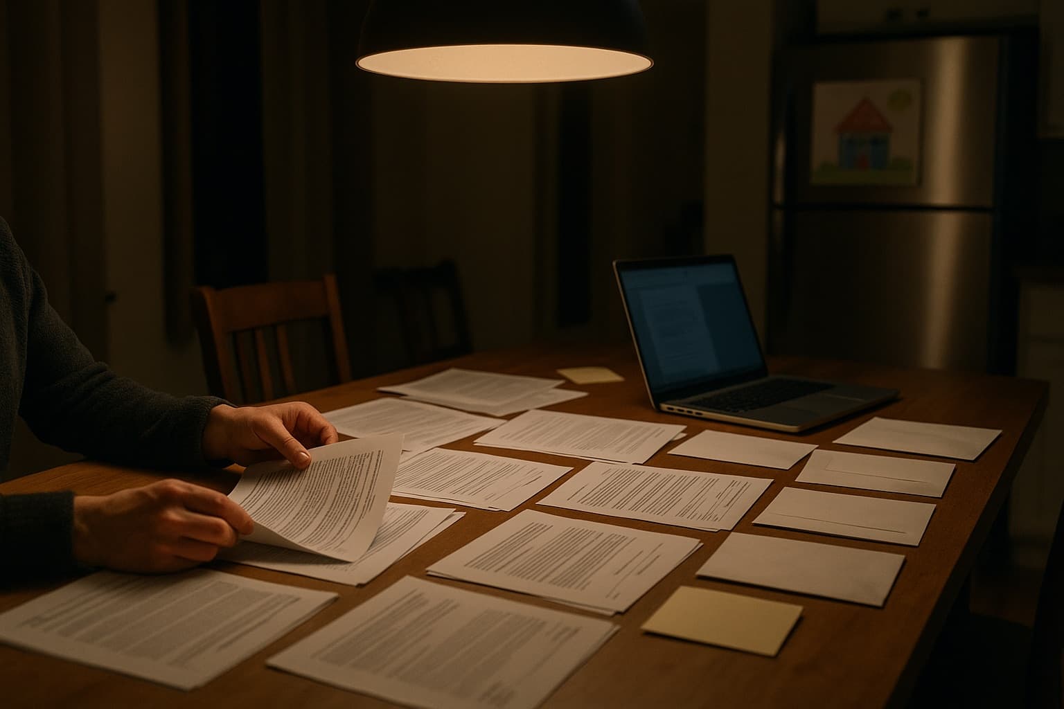 A dining table covered with real-estate forms and envelopes under a pendant lamp at night
