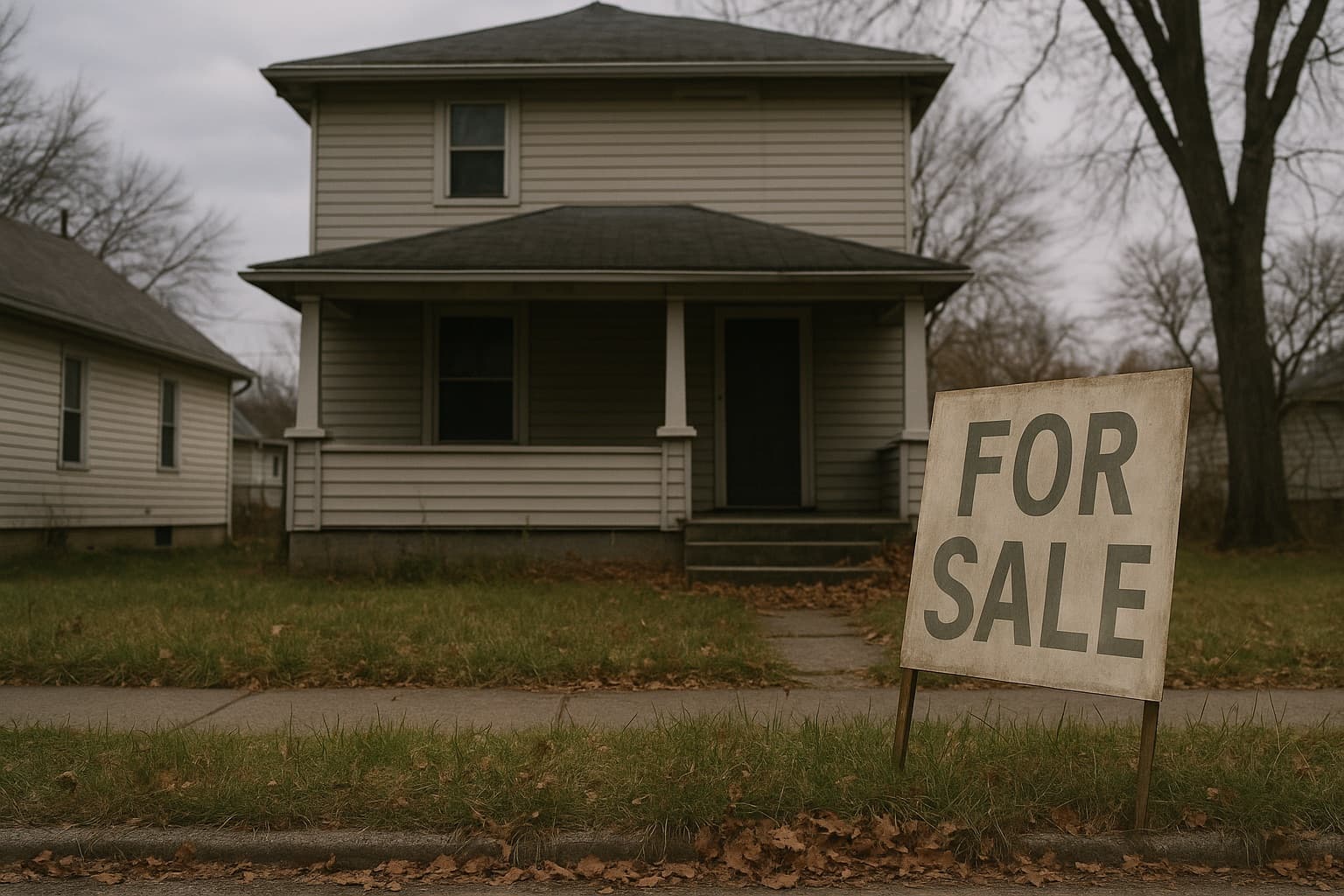 A modest two-storey house in late autumn with a weathered for-sale sign leaning in an overgrown lawn